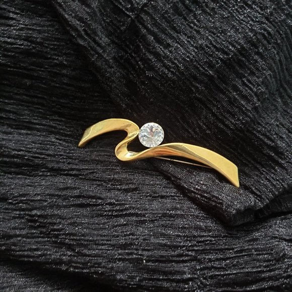 Vintage Large Jewel Gold Tone Abstract Zig Zag Pin Brooch - Picture 2 of 8